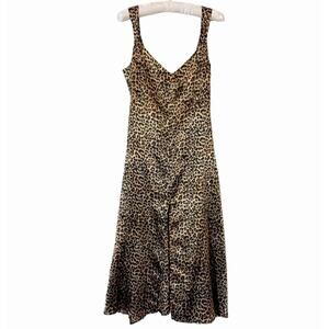 Dance & Marvel Tan Black Satin Cheetah Print V-Neck Front Slit Midi Dress L